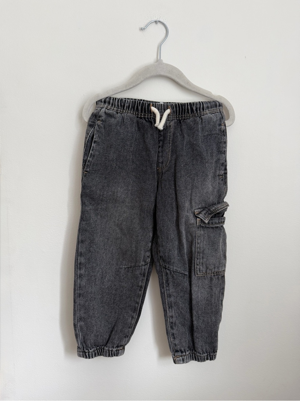 Zara Black Denim Cargo Joggers with Drawstring (Size 4)